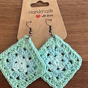 Handmade Crochet Earrings Mint/White, Cotton Thread, Granny Square, Lightweight